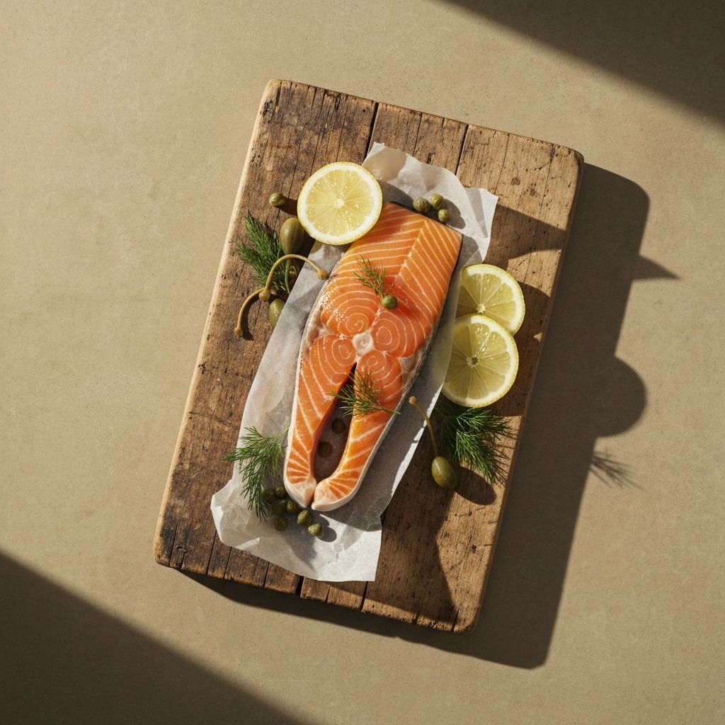 Сёмга в пергаменте с лимоном, укропом и каперсами на деревянной доске