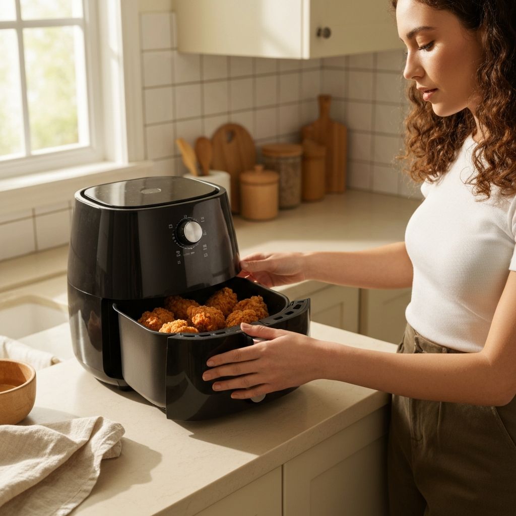 Руки открывают стеклянную дверцу аэрогриля, внутри видна курица, идёт пар